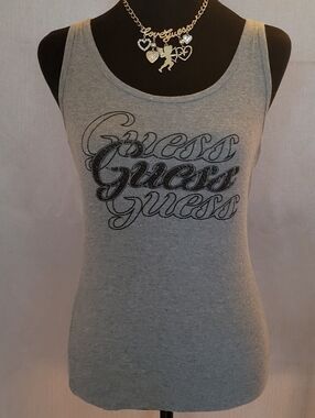 GUESS Gray Ribbed Logo Tank Top